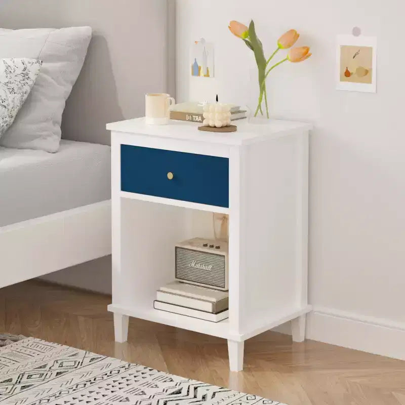 Mesita de noche de madera de 26.77H con cajón y estante abierto, mesa de noche con tiradores metálicos para niños, adultos y dormitorios