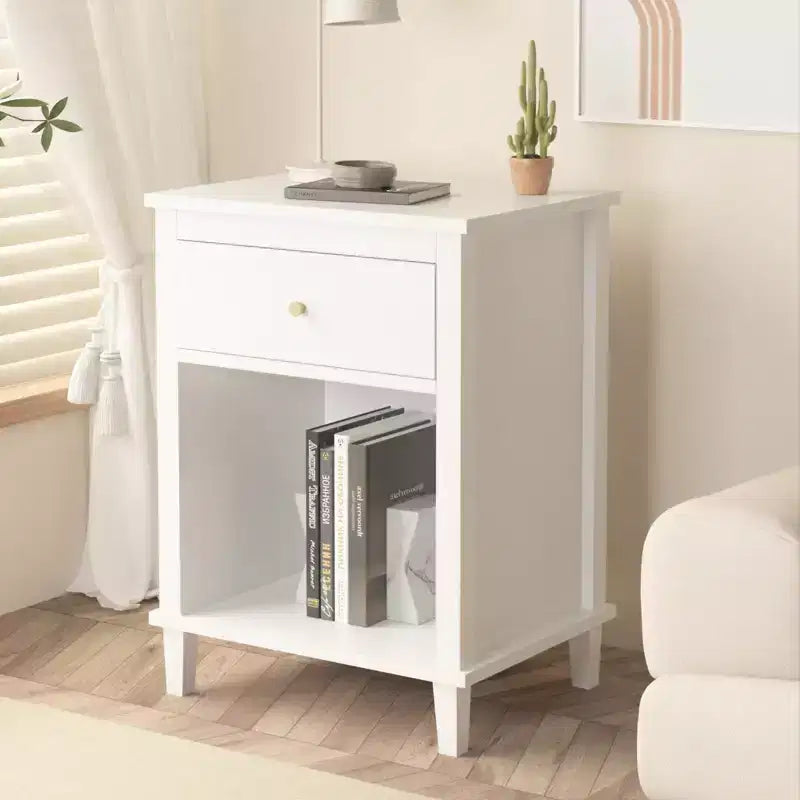 Mesita de noche de madera de 26.77H con cajón y estante abierto, mesa de noche con tiradores metálicos para niños, adultos y dormitorios