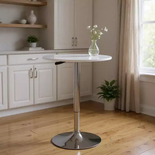 Mesa de bar redondeada de madera y hierro, blanca y plateada, de 24