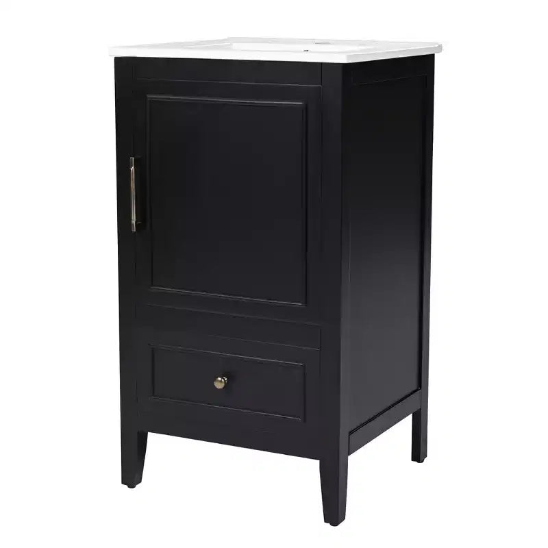 Juego de lavabo y tocador pequeño de 30 para baño con almacenamiento, armario de madera para el suelo del baño con cajones y puerta, negro