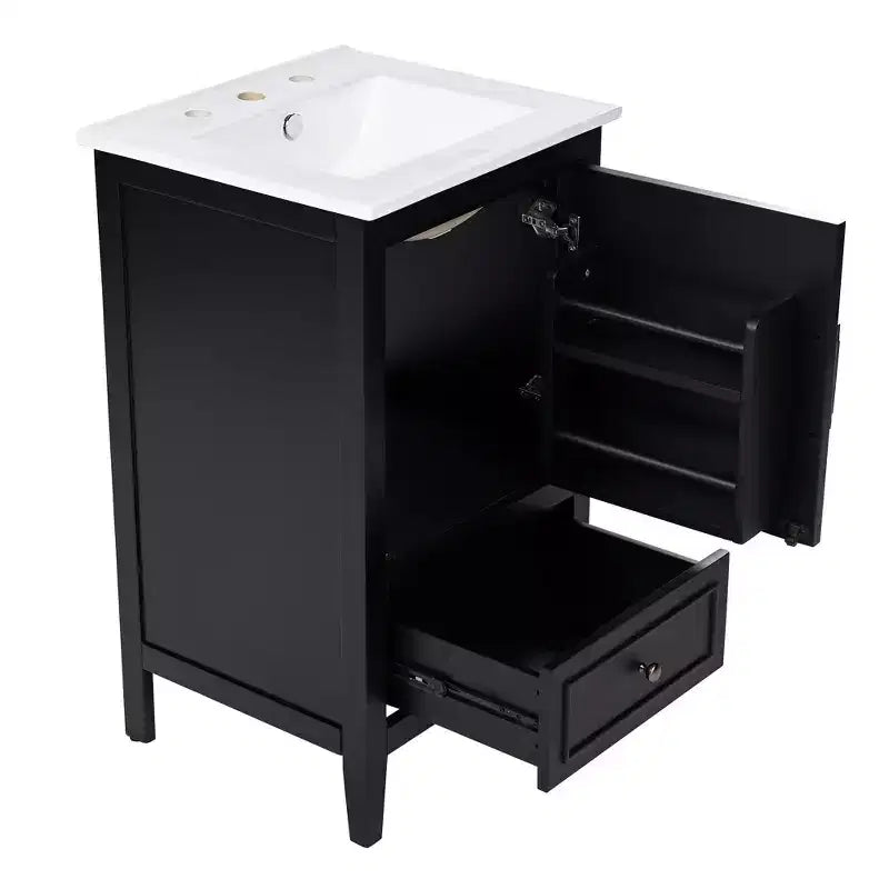 Juego de lavabo y tocador pequeño de 30 para baño con almacenamiento, armario de madera para el suelo del baño con cajones y puerta, negro
