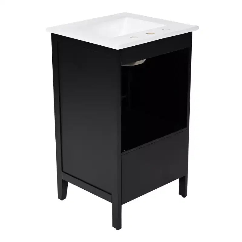 Juego de lavabo y tocador pequeño de 30 para baño con almacenamiento, armario de madera para el suelo del baño con cajones y puerta, negro