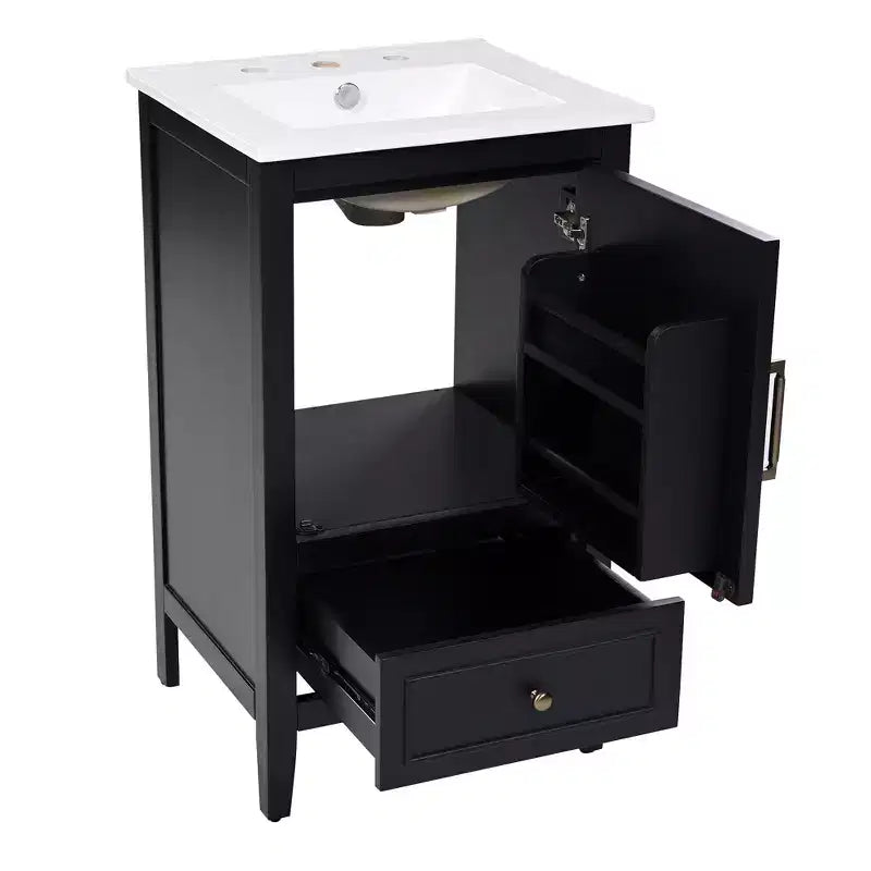 Juego de lavabo y tocador pequeño de 30 para baño con almacenamiento, armario de madera para el suelo del baño con cajones y puerta, negro