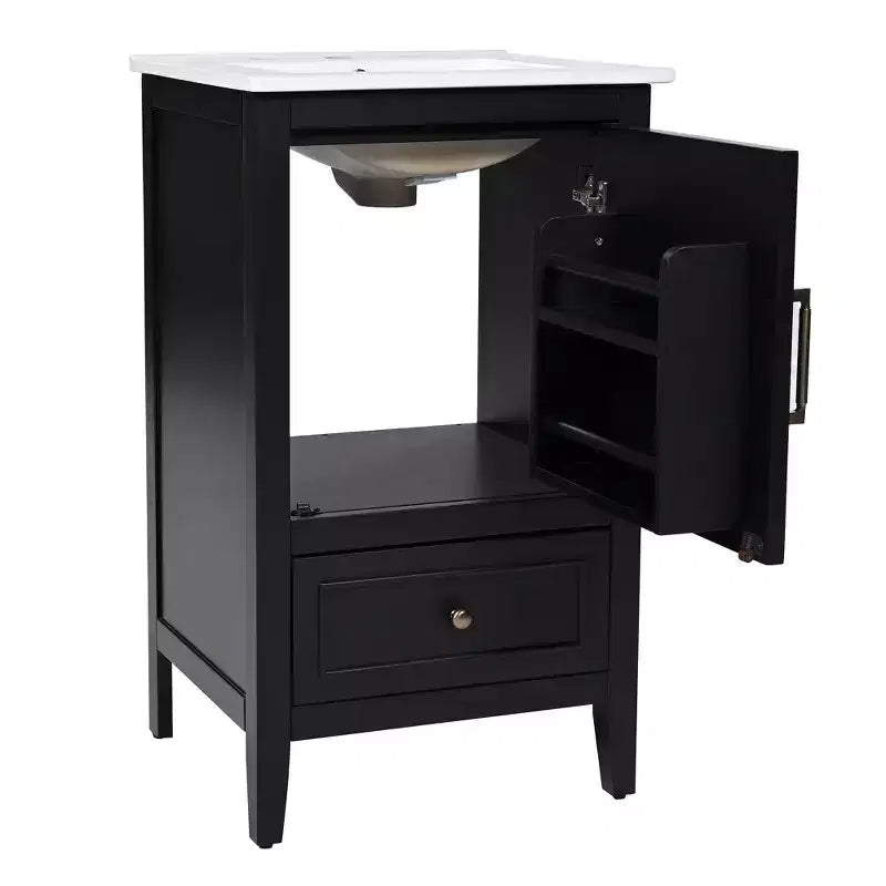 Juego de lavabo y tocador pequeño de 30 para baño con almacenamiento, armario de madera para el suelo del baño con cajones y puerta, negro