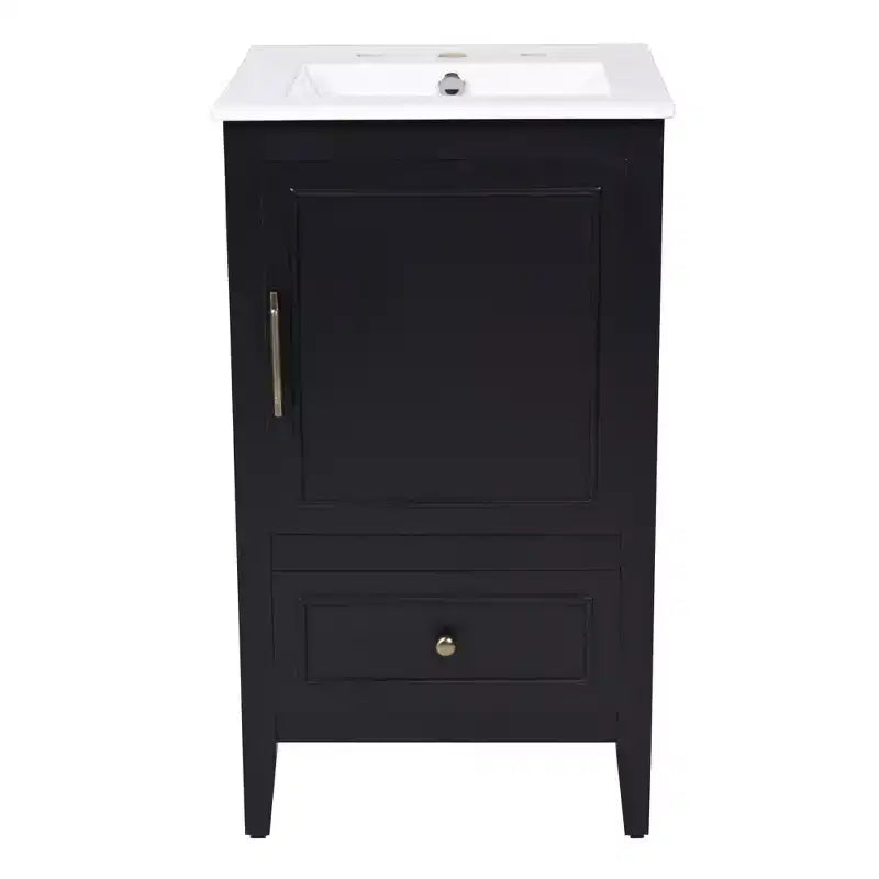 Juego de lavabo y tocador pequeño de 30 para baño con almacenamiento, armario de madera para el suelo del baño con cajones y puerta, negro