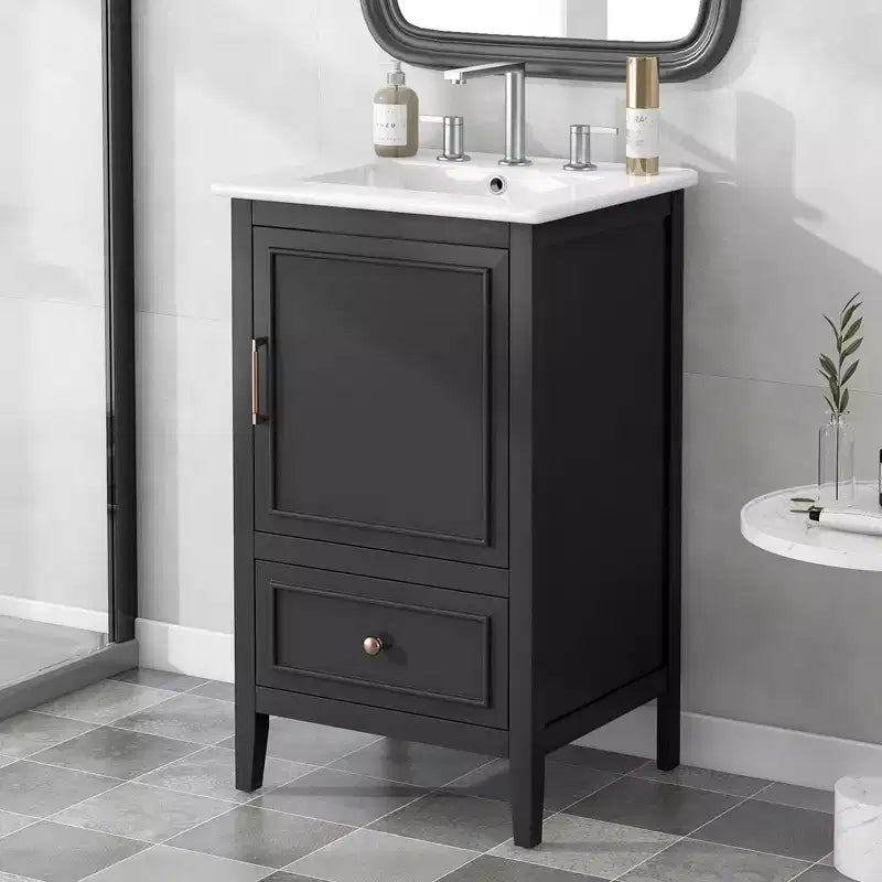 Juego de lavabo y tocador pequeño de 30 para baño con almacenamiento, armario de madera para el suelo del baño con cajones y puerta, negro