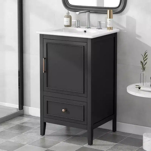 Juego de lavabo y tocador pequeño de 30 para baño con almacenamiento, armario de madera para el suelo del baño con cajones y puerta, negro