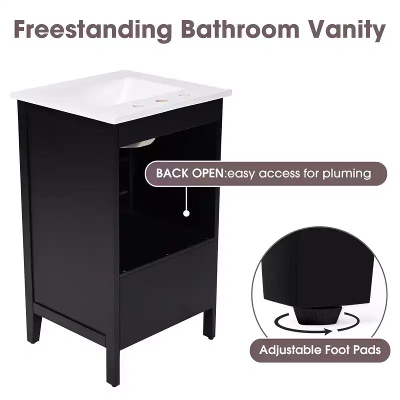 Juego de lavabo y tocador pequeño de 30 para baño con almacenamiento, armario de madera para el suelo del baño con cajones y puerta, negro