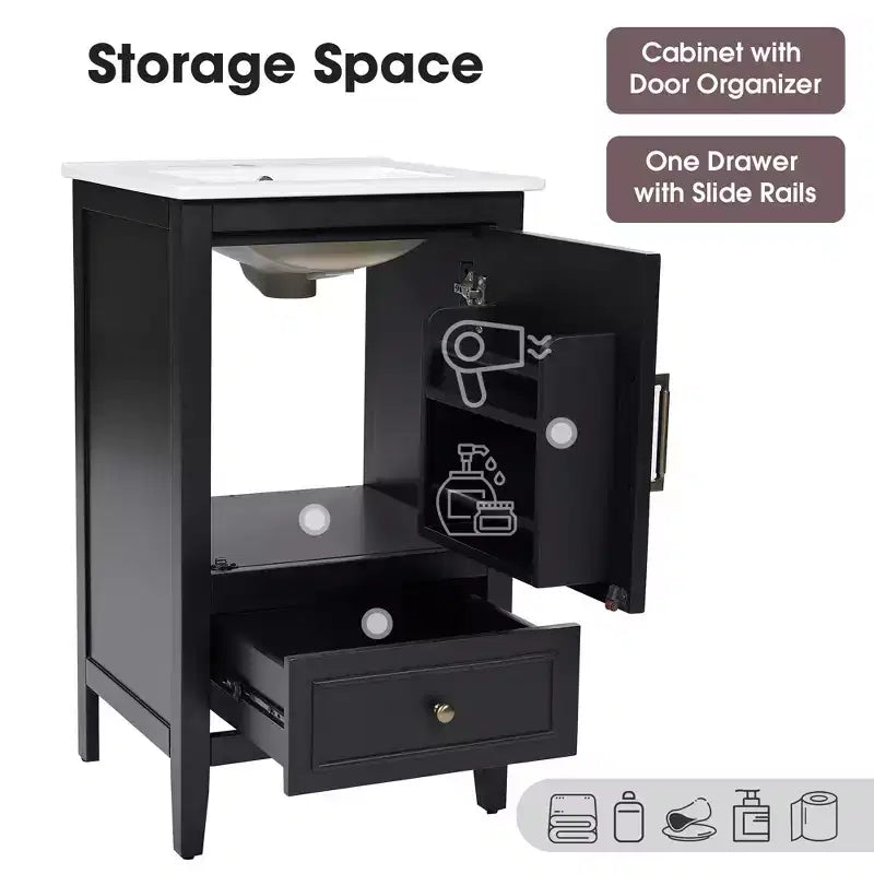 Juego de lavabo y tocador pequeño de 30 para baño con almacenamiento, armario de madera para el suelo del baño con cajones y puerta, negro