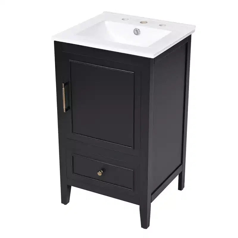 Juego de lavabo y tocador pequeño de 30 para baño con almacenamiento, armario de madera para el suelo del baño con cajones y puerta, negro