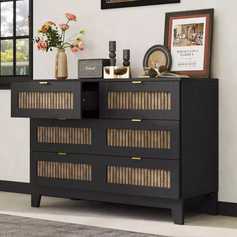 Commode en bois rustique de style maison de campagne avec 6 tiroirs, meuble de rangement, poignées en métal