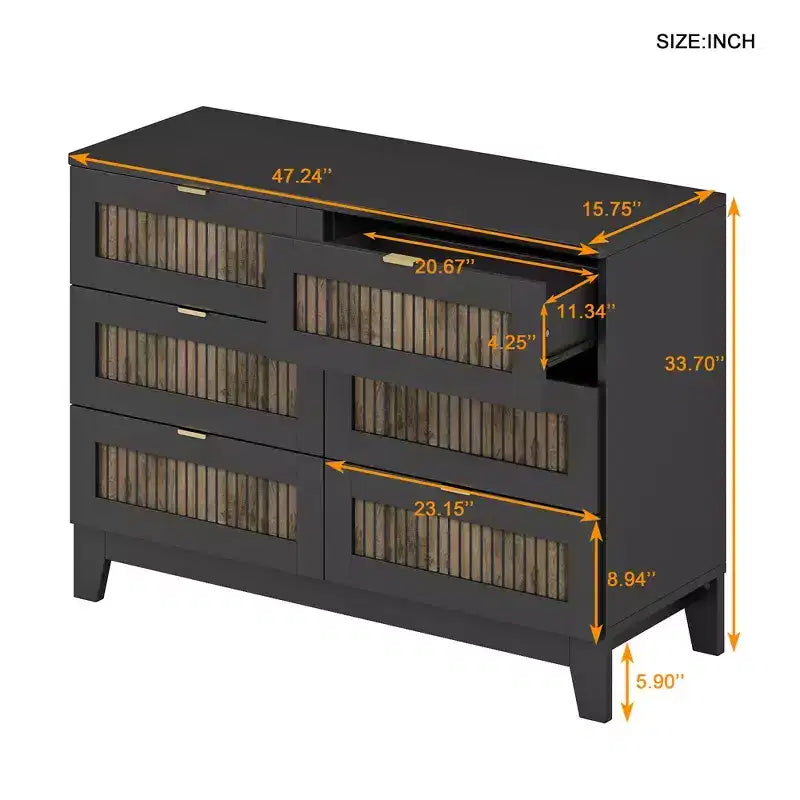 Commode en bois rustique de style maison de campagne avec 6 tiroirs, meuble de rangement, poignées en métal