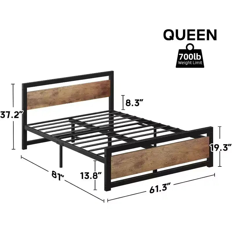 Bettgestell mit Kopfteil aus Holz, robustes Metallplattformbett im Industriestil, 14 Inch, mit Stauraum unter dem Bett, kein Boxspring erforderlich