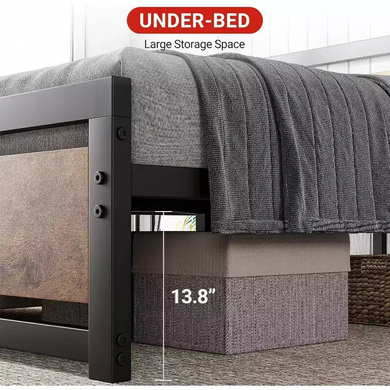 Bettgestell mit Kopfteil aus Holz, robustes Metallplattformbett im Industriestil, 14 Inch, mit Stauraum unter dem Bett, kein Boxspring erforderlich