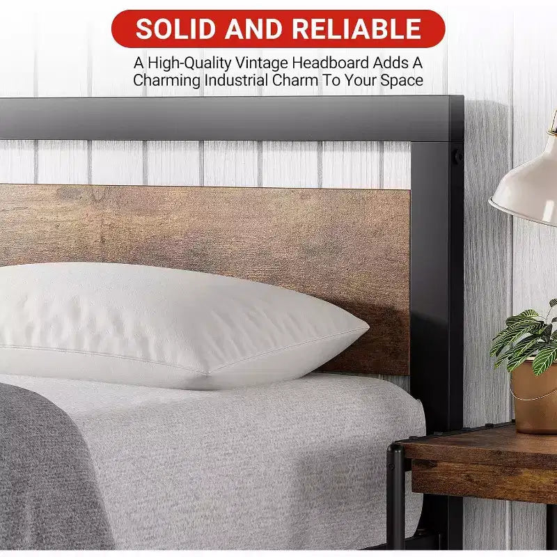 Bettgestell mit Kopfteil aus Holz, robustes Metallplattformbett im Industriestil, 14 Inch, mit Stauraum unter dem Bett, kein Boxspring erforderlich