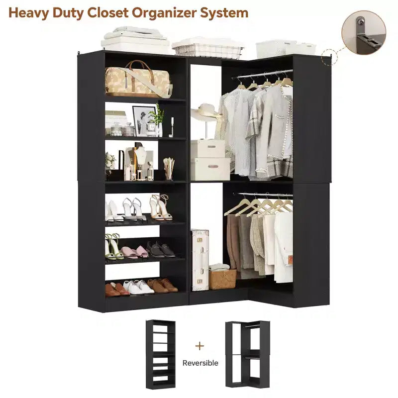 Eckkleiderschrank-Organizer mit 2 Kleiderstangen, begehbares Schranksystem mit Schuhregal