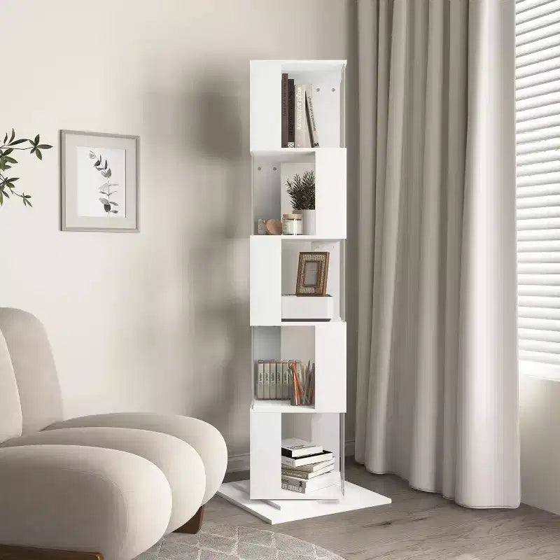 Bibliothèque rotative à 360 degrés et 6 niveaux, étagère étroite en bois avec panneaux en acrylique, rangement sur pied pour chambre, salon ou bureau