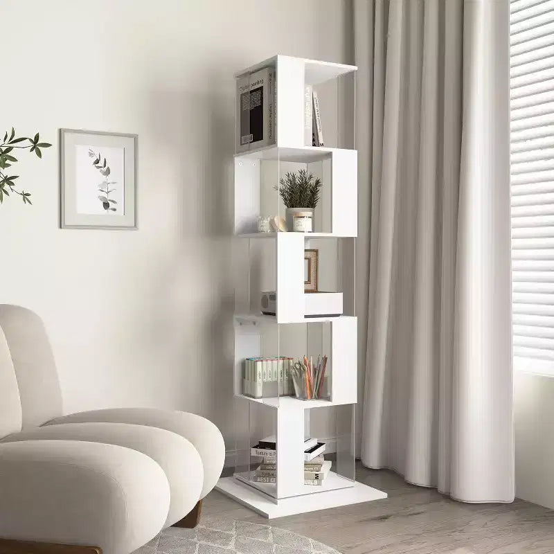 Bibliothèque rotative à 360 degrés et 6 niveaux, étagère étroite en bois avec panneaux en acrylique, rangement sur pied pour chambre, salon ou bureau