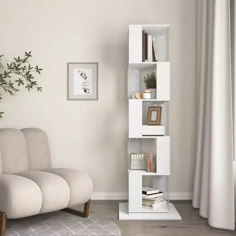 Bibliothèque rotative à 360 degrés et 6 niveaux, étagère étroite en bois avec panneaux en acrylique, rangement sur pied pour chambre, salon ou bureau