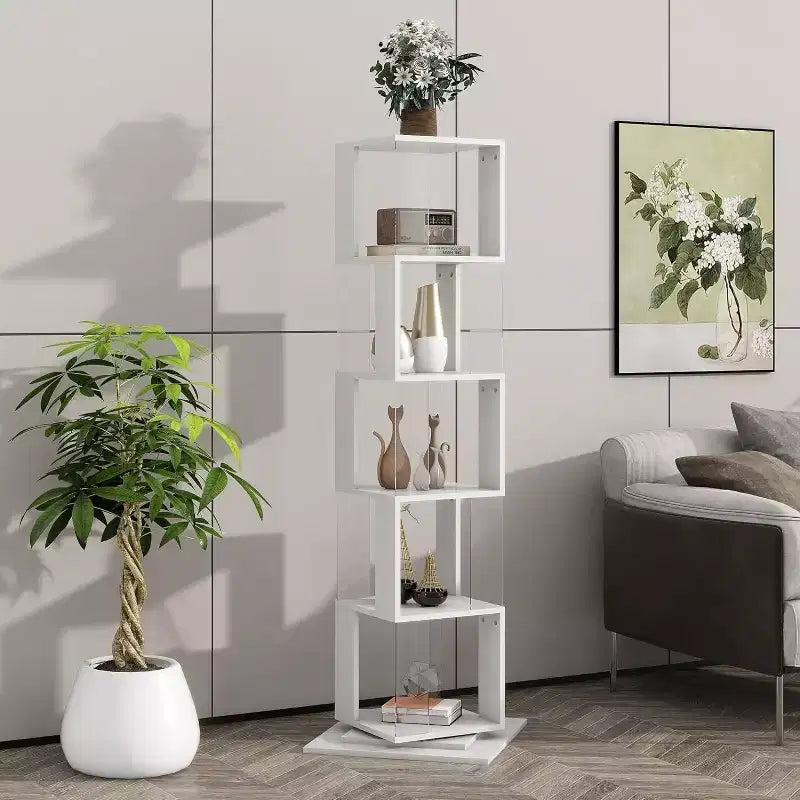 Bibliothèque rotative à 360 degrés et 6 niveaux, étagère étroite en bois avec panneaux en acrylique, rangement sur pied pour chambre, salon ou bureau
