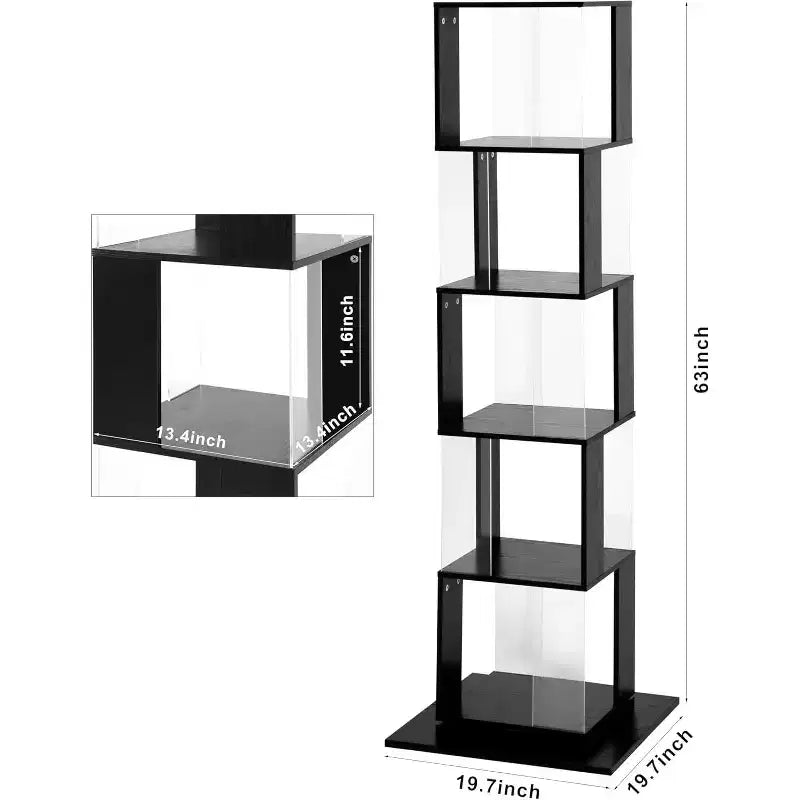 Bibliothèque rotative à 360 degrés et 6 niveaux, étagère étroite en bois avec panneaux en acrylique, rangement sur pied pour chambre, salon ou bureau