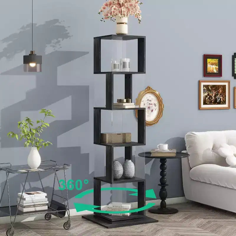 6-stufiges, um 360° drehbares Bücherregal, schmales Holzregal mit Acrylplatten, Standregal für Schlafzimmer, Wohnzimmer und Arbeitszimmer