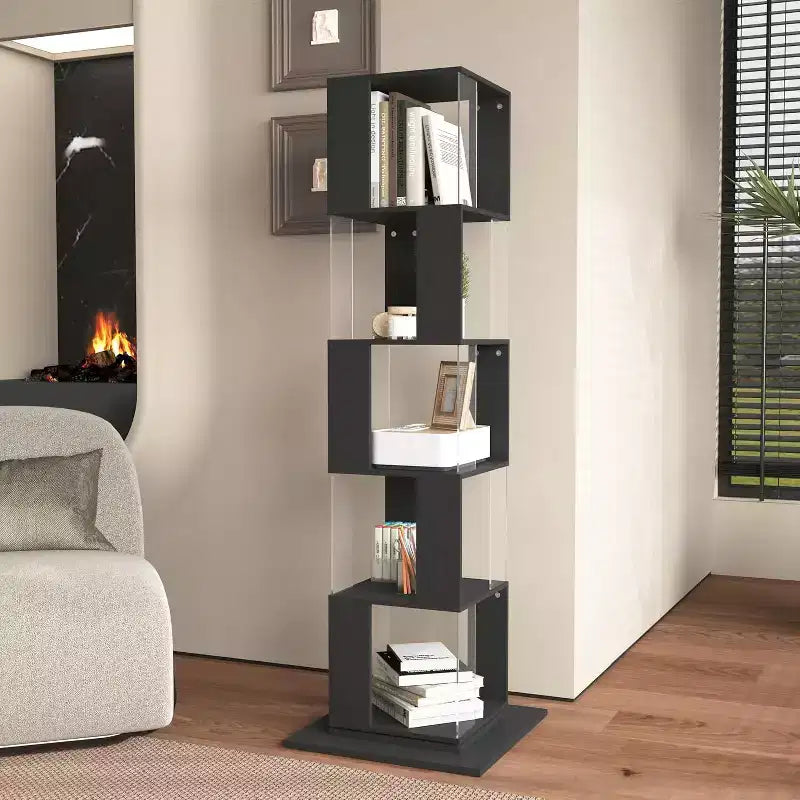 6-stufiges, um 360° drehbares Bücherregal, schmales Holzregal mit Acrylplatten, Standregal für Schlafzimmer, Wohnzimmer und Arbeitszimmer