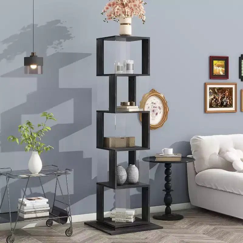 Bibliothèque rotative à 360 degrés et 6 niveaux, étagère étroite en bois avec panneaux en acrylique, rangement sur pied pour chambre, salon ou bureau