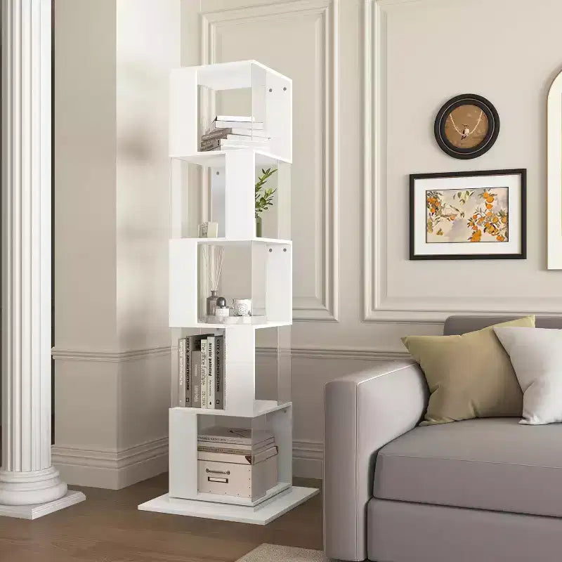 Bibliothèque rotative à 360 degrés et 6 niveaux, étagère étroite en bois avec panneaux en acrylique, rangement sur pied pour chambre, salon ou bureau