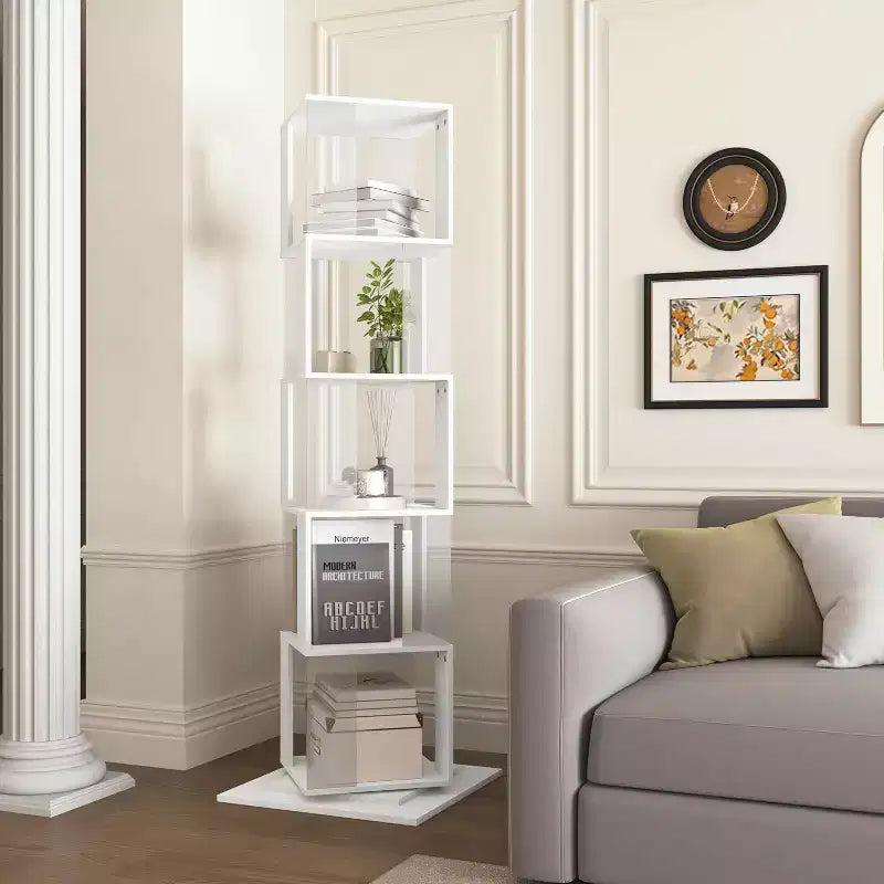 6-stufiges, um 360° drehbares Bücherregal, schmales Holzregal mit Acrylplatten, Standregal für Schlafzimmer, Wohnzimmer und Arbeitszimmer