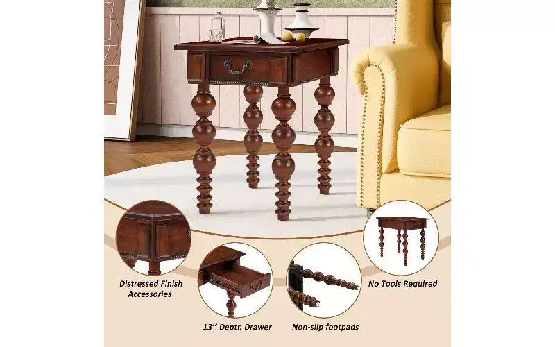 Beistelltisch im Landhausstil mit Schublade und gedrechselten Streben im Blasendesign, Wohnzimmertisch mit wasserfester Deckplatte aus Akazienholzfurnier, Vintage-Nachttisch