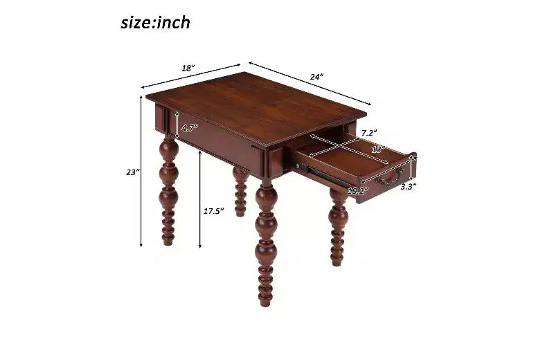 Beistelltisch im Landhausstil mit Schublade und gedrechselten Streben im Blasendesign, Wohnzimmertisch mit wasserfester Deckplatte aus Akazienholzfurnier, Vintage-Nachttisch