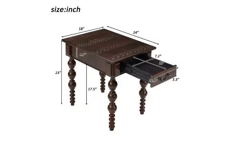 Beistelltisch im Landhausstil mit Schublade und gedrechselten Streben im Blasendesign, Wohnzimmertisch mit wasserfester Deckplatte aus Akazienholzfurnier, Vintage-Nachttisch