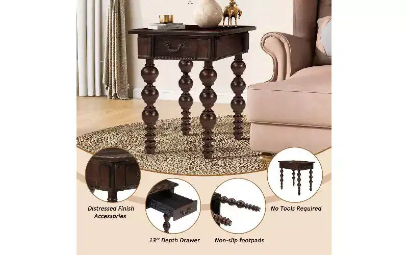 Beistelltisch im Landhausstil mit Schublade und gedrechselten Streben im Blasendesign, Wohnzimmertisch mit wasserfester Deckplatte aus Akazienholzfurnier, Vintage-Nachttisch