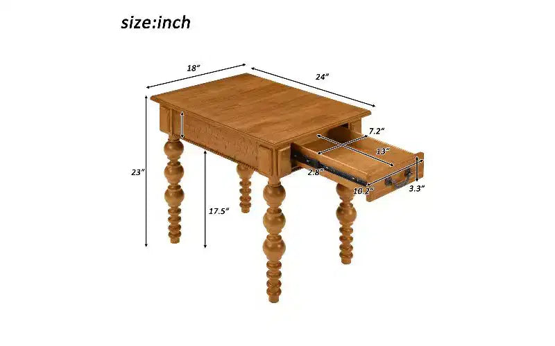 Beistelltisch im Landhausstil mit Schublade und gedrechselten Streben im Blasendesign, Wohnzimmertisch mit wasserfester Deckplatte aus Akazienholzfurnier, Vintage-Nachttisch