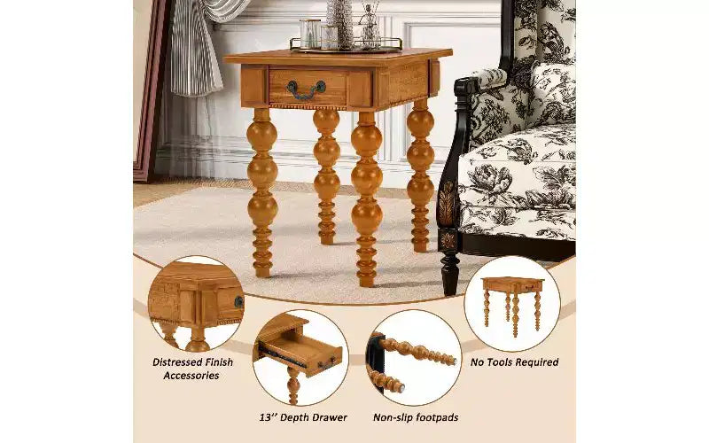 Beistelltisch im Landhausstil mit Schublade und gedrechselten Streben im Blasendesign, Wohnzimmertisch mit wasserfester Deckplatte aus Akazienholzfurnier, Vintage-Nachttisch