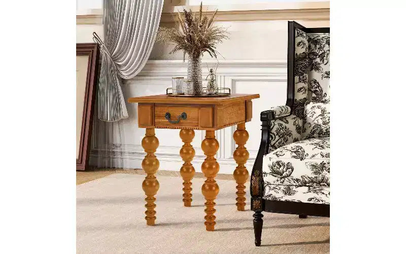 Beistelltisch im Landhausstil mit Schublade und gedrechselten Streben im Blasendesign, Wohnzimmertisch mit wasserfester Deckplatte aus Akazienholzfurnier, Vintage-Nachttisch