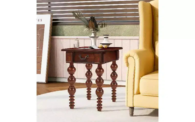 Beistelltisch im Landhausstil mit Schublade und gedrechselten Streben im Blasendesign, Wohnzimmertisch mit wasserfester Deckplatte aus Akazienholzfurnier, Vintage-Nachttisch