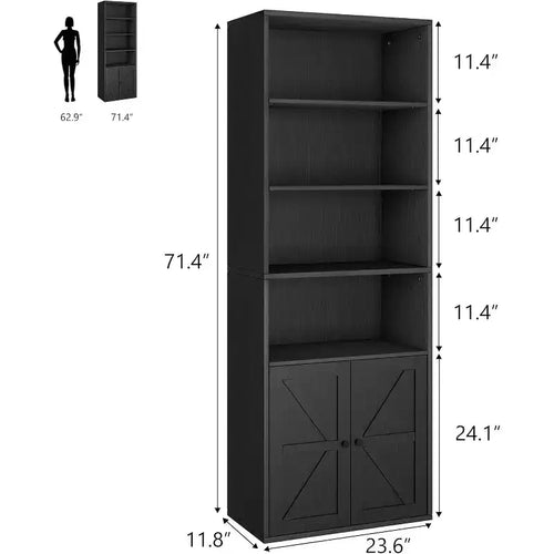 Juego de 2 estanterías altas de madera de 4 niveles con puertas dobles y 4 estantes abiertos, vitrinas de pie para oficina en casa o biblioteca, negras