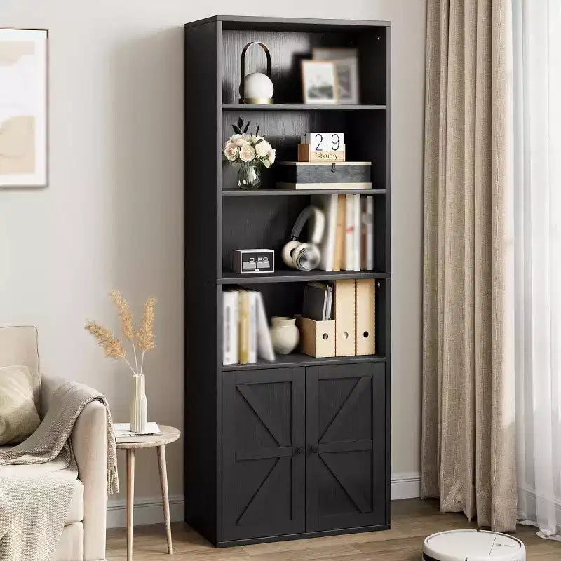 2er-Pack hohe Bücherregale aus Holz mit 4 Ebenen, Doppeltüren und 4 offenen Regalfächern, freistehende Vitrinenschränke für Büro und Bibliothek, Schwarz