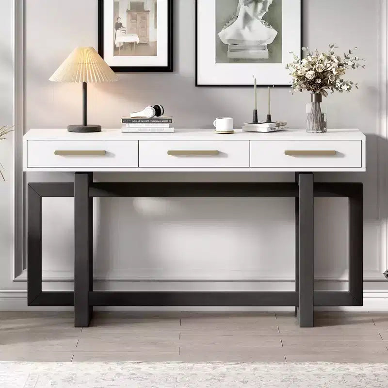 Console moderne au style artistique avec 3 tiroirs, élégante table d’entrée à pieds croisés, pour l’entrée ou le salon