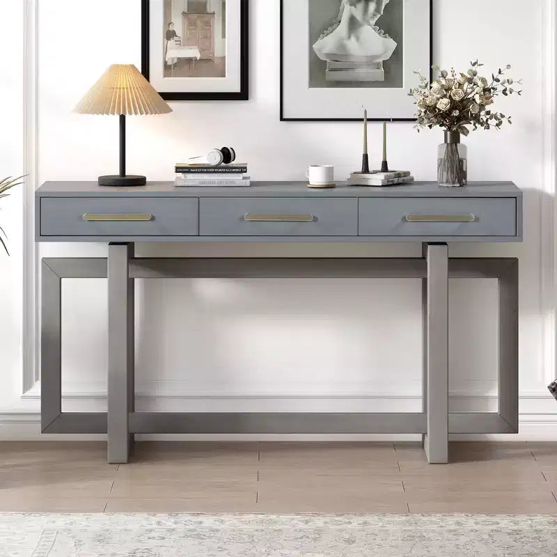 Console moderne au style artistique avec 3 tiroirs, élégante table d’entrée à pieds croisés, pour l’entrée ou le salon