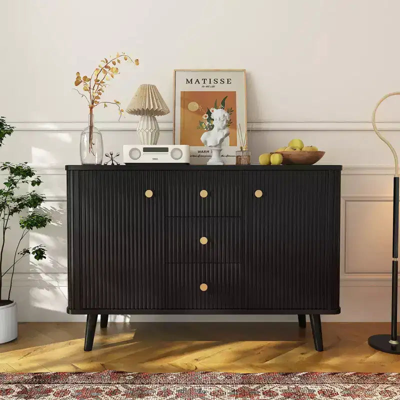 Moderne Anrichte mit geriffelter Front, 47 in, mit 3 Schubladen, schmaler Küchenschrank, Kaffeestation aus Holz für Ess- und Wohnzimmer