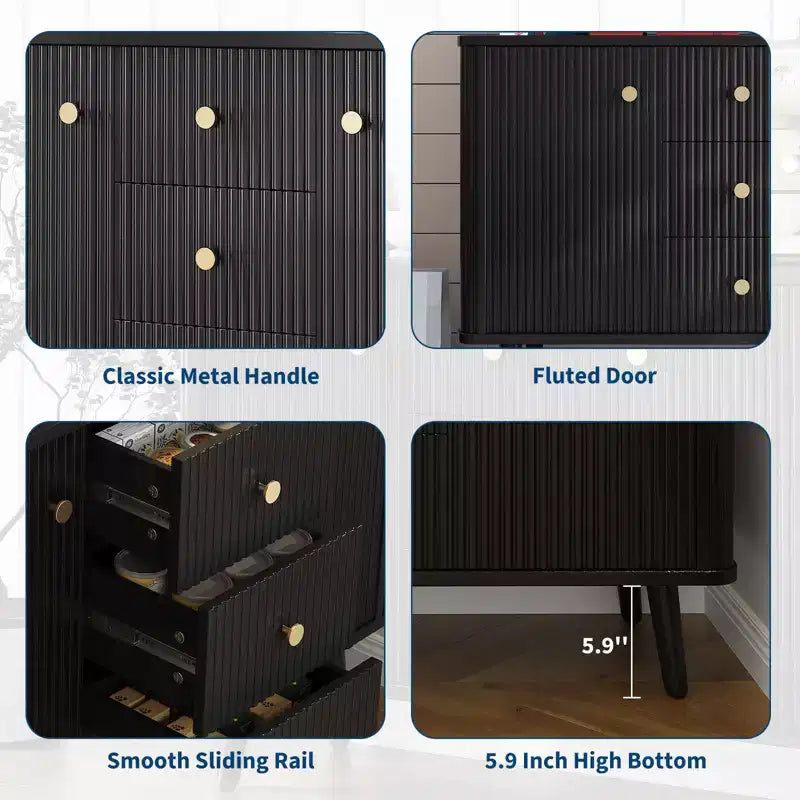 Moderne Anrichte mit geriffelter Front, 47 in, mit 3 Schubladen, schmaler Küchenschrank, Kaffeestation aus Holz für Ess- und Wohnzimmer
