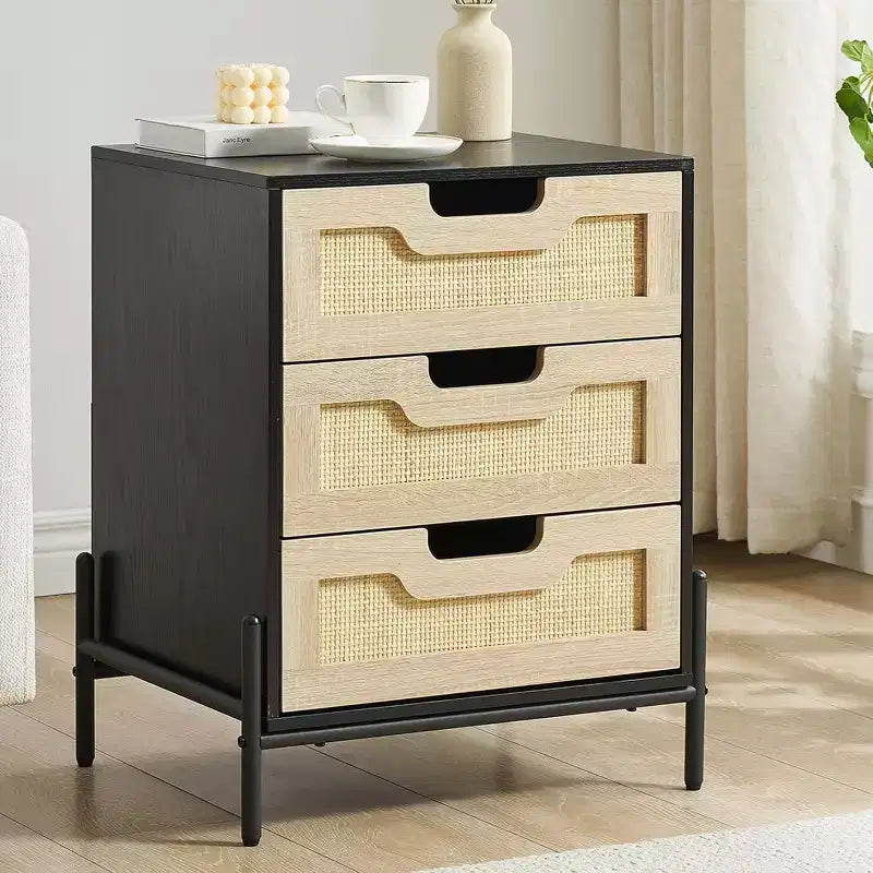Nachttisch aus Rattan, Boho-Schrank mit 3 Schubladen, Beistelltisch fürs Schlafzimmer, Rattanschrank fürs Wohnzimmer, Natur, 2er-Pack