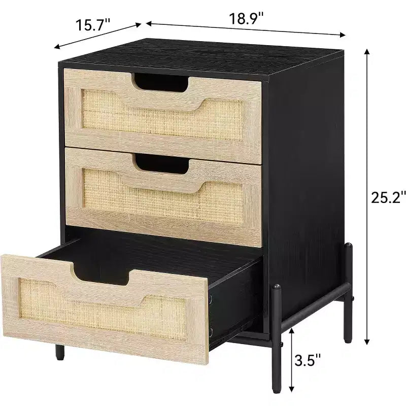 Nachttisch aus Rattan, Boho-Schrank mit 3 Schubladen, Beistelltisch fürs Schlafzimmer, Rattanschrank fürs Wohnzimmer, Natur, 2er-Pack