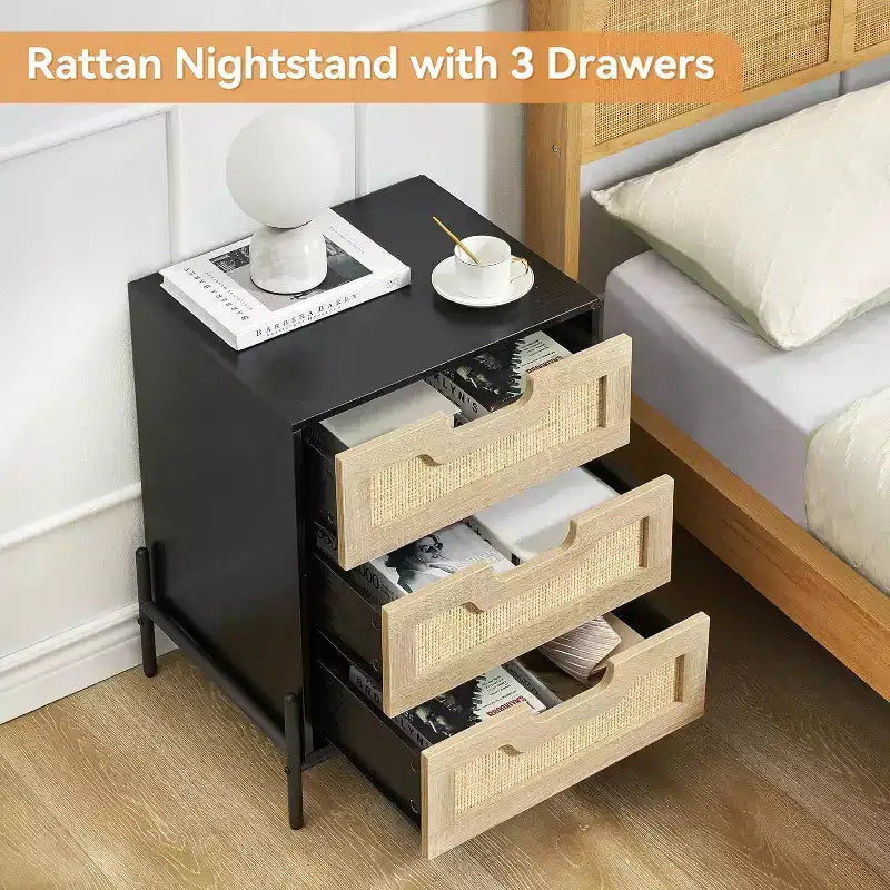 Nachttisch aus Rattan, Boho-Schrank mit 3 Schubladen, Beistelltisch fürs Schlafzimmer, Rattanschrank fürs Wohnzimmer, Natur, 2er-Pack