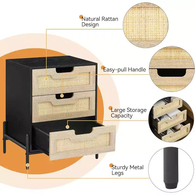Nachttisch aus Rattan, Boho-Schrank mit 3 Schubladen, Beistelltisch fürs Schlafzimmer, Rattanschrank fürs Wohnzimmer, Natur, 2er-Pack