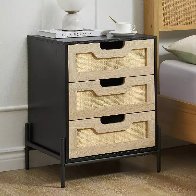 Nachttisch aus Rattan, Boho-Schrank mit 3 Schubladen, Beistelltisch fürs Schlafzimmer, Rattanschrank fürs Wohnzimmer, Natur, 2er-Pack