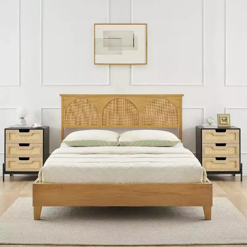 Nachttisch aus Rattan, Boho-Schrank mit 3 Schubladen, Beistelltisch fürs Schlafzimmer, Rattanschrank fürs Wohnzimmer, Natur, 2er-Pack